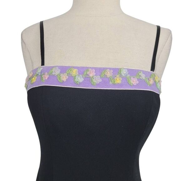 Vtg Papell Boutique Evening Black Sheath Dress‎ Sz 6P 3D Dainty Floral Neckline - Picture 2 of 8
